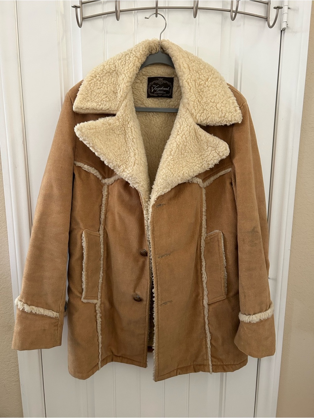 Vagabond Tan Shearling-Trim Pea Coat with Cream Lining